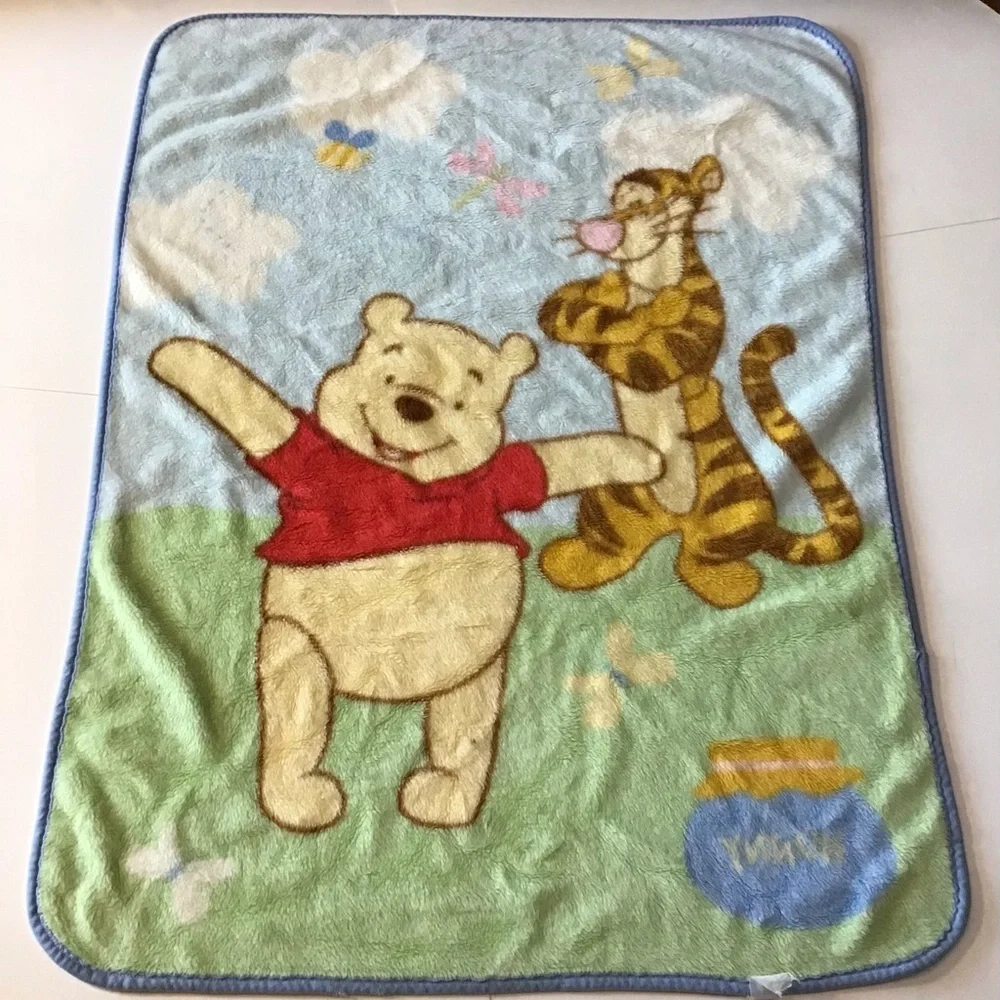 VTG Disney Winnie Pooh Tigger Baby Blanket Fleece Y2K Blue Green Honey Nursery